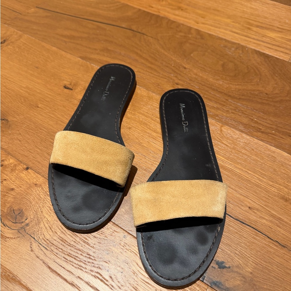 Massimo Dutti Suede Tan Slide Sandals with Black Footbed